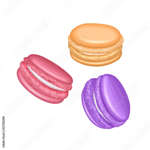 Set of different french cookies macaroons in cartoon style isolated on white background, Sweet and beautiful dessert. Colorful Vector illustration