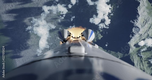Rocket flying after launch animation. Daylight. Realistic cinematic 4k animation. Space rocket flying into sky with exhaust flames. Camera mounted on the body of the rocket and filming straight down.
