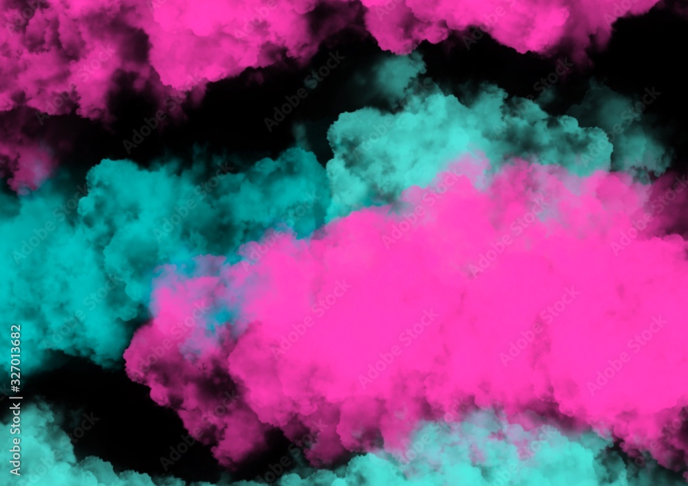 Blue and pink clouds on a black background. Bright modern template. Fashion future