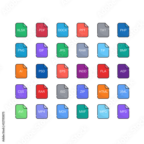 files Format icons set with flat design big pack of Document, Sysytem, offices, media, audio, graphic, video and Programming files type . vector design element illustration photo