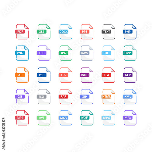 files Format icons set with flat design big pack of Document, Sysytem, offices, media, audio, graphic, video and Programming files type . vector design element illustration