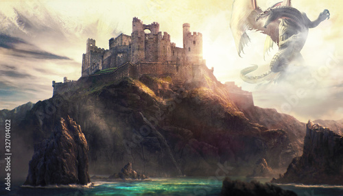Leinwand Poster Artistic Illustration Of A Dragon Attacking A Castle On Top Of A Mountain