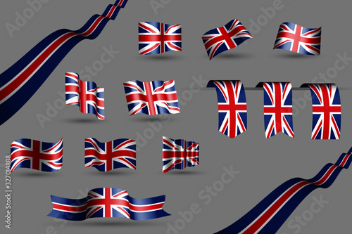 Many United Kingdom (UK) flags, waving banners and bookmarks in the colors of the flag blue, red, white vector illustration for anthem, flag day or any national celebration
