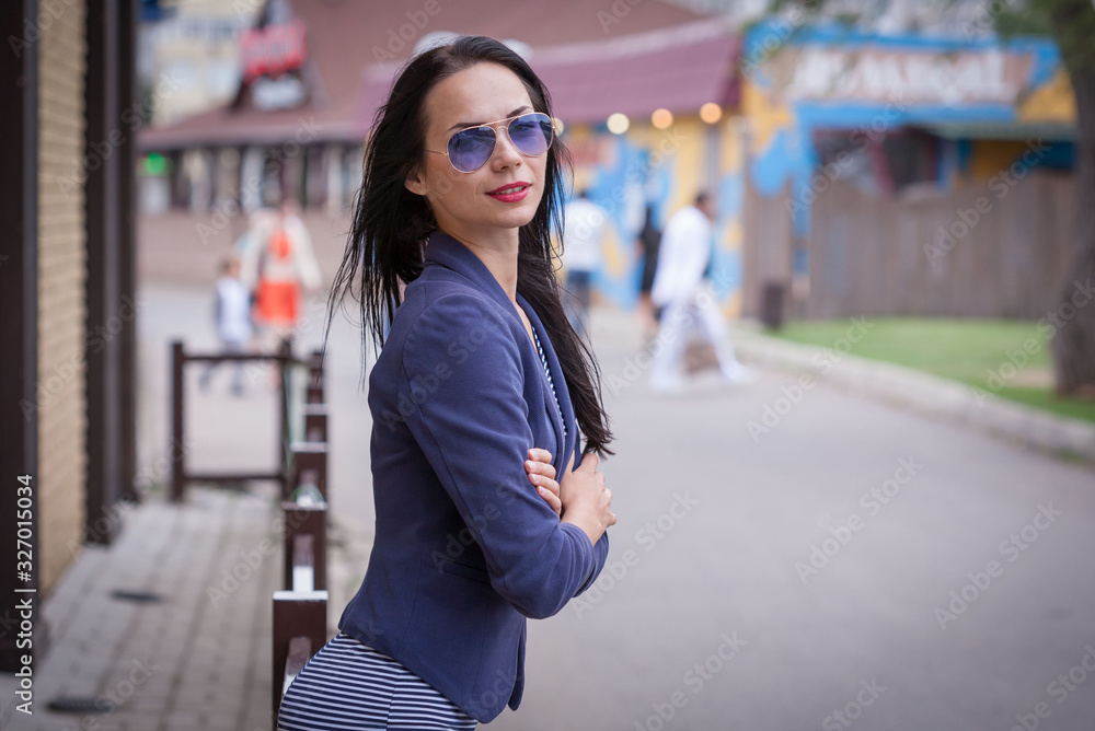 Striped dress, sunglasses, blazer, city Striped dress, sunglasses, blazer, city