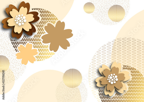Bright golden, yellow, brown shapes and flowers on a white background. Design for postcards, covers, banners, advertisements. Eastern elements.