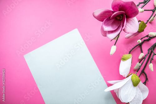 Card for International Women s Day and beautiful flowers on pink background