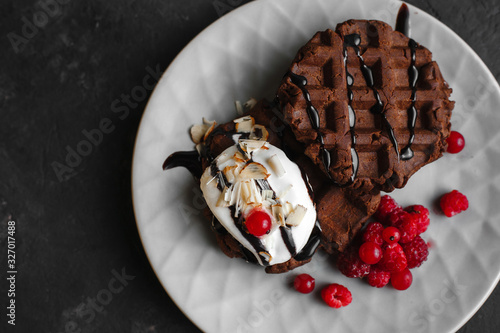 Homemade chocolate waffles with powdered sugar on a plate of raspberries with ice cream and chocolate on a dark background space for text