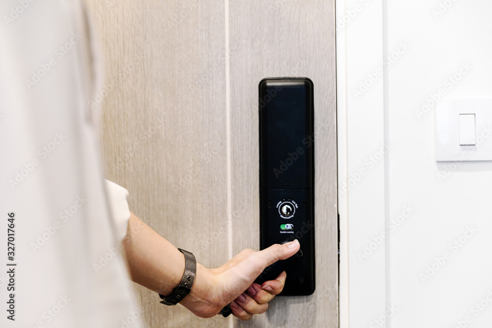 Hand open door on digital knob door. Hand open door on digital knob door.