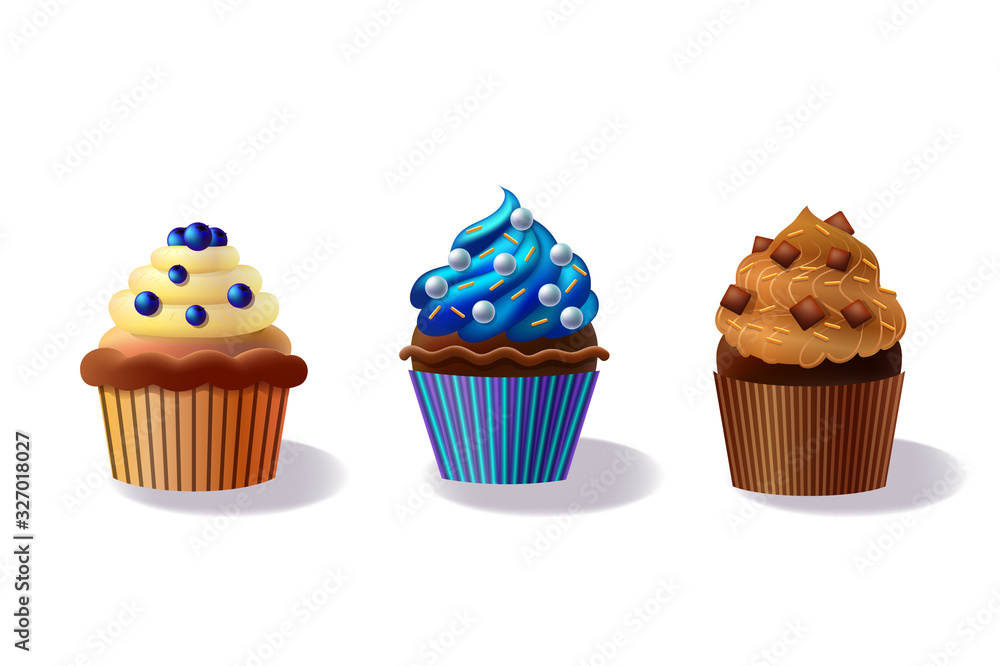 Set of cupcakes isolated on white background, decorative cakes, decorated cupcakes illustration, chocolate cupcakes, blueberry,cream, Set of cupcakes isolated on white background, decorative cakes, decorated cupcakes illustration, chocolate cupcakes, blueberry,cream,