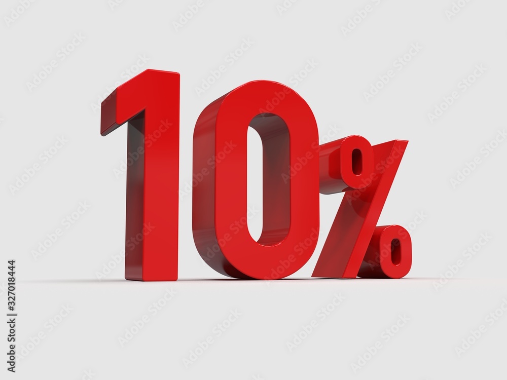 Red 10% Percent Discount 3d Sign on White Background