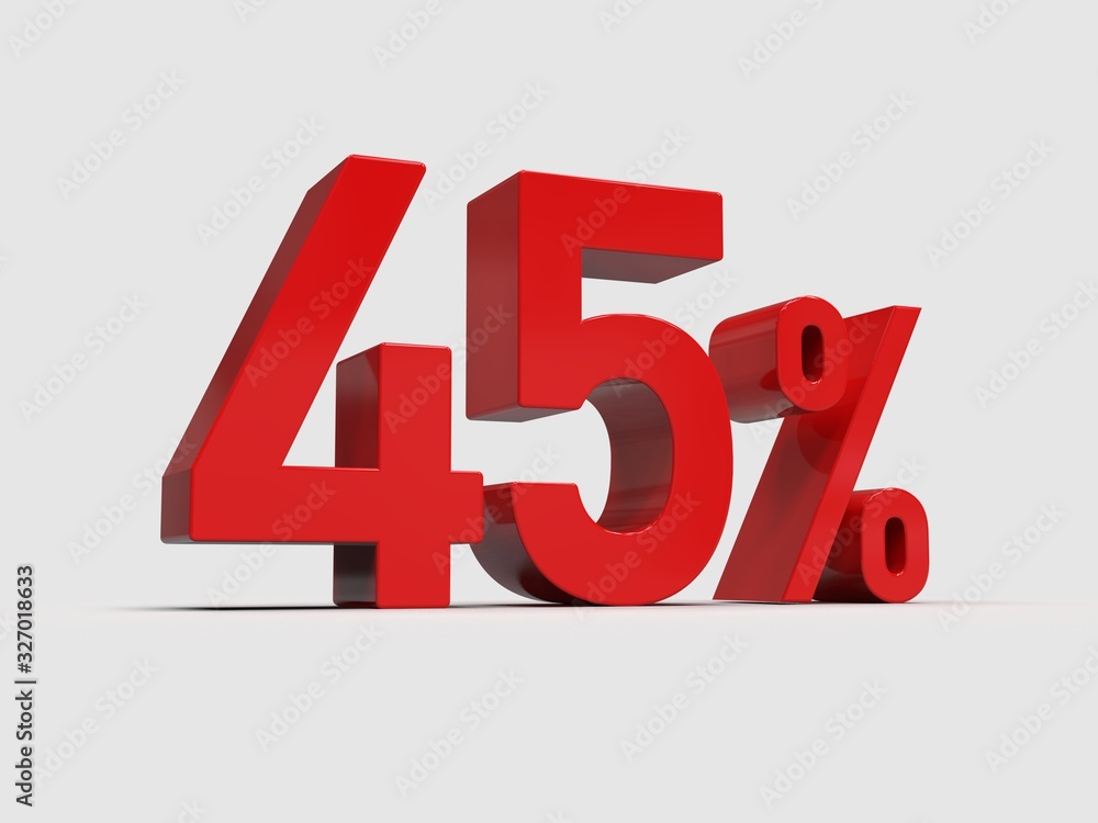 Red 45% Percent Discount 3d Sign on Light Background Red 45% Percent Discount 3d Sign on Light Background