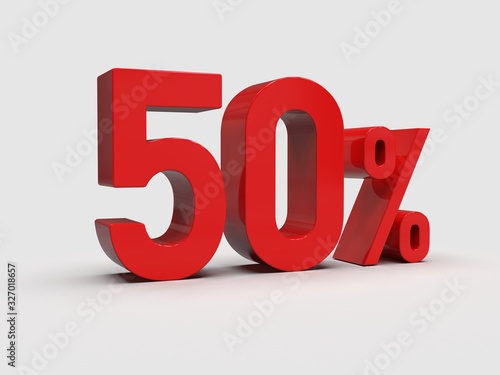 Red 50% Percent Discount 3d Sign on Light Background photo