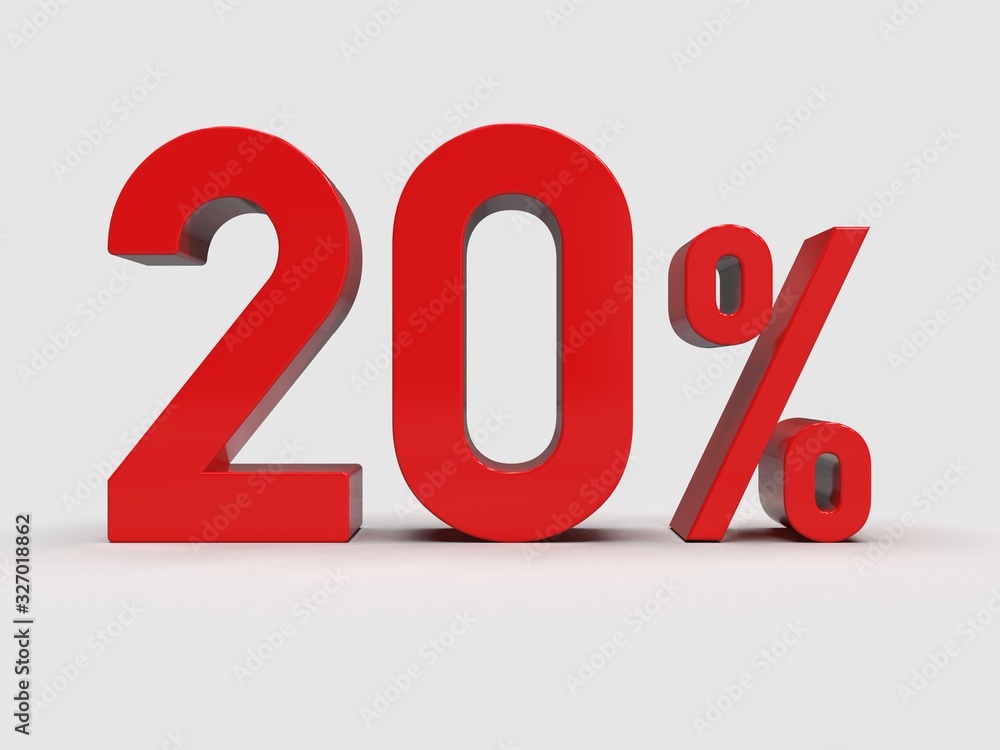 Red 20% Percent Discount 3d Sign on Light Background Red 20% Percent Discount 3d Sign on Light Background