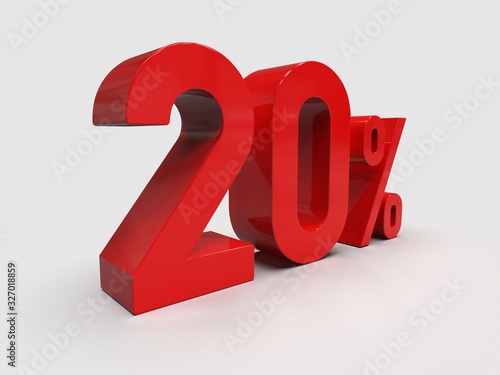 Red 20% Percent Discount 3d Sign on Light Background photo