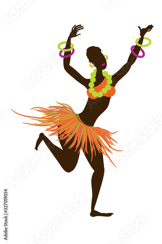 A beautiful African black girl dressed in a traditional colorful African outfit is dancing a ritual national dance. A cartoon-style character isolated on a white background. Vector illustration