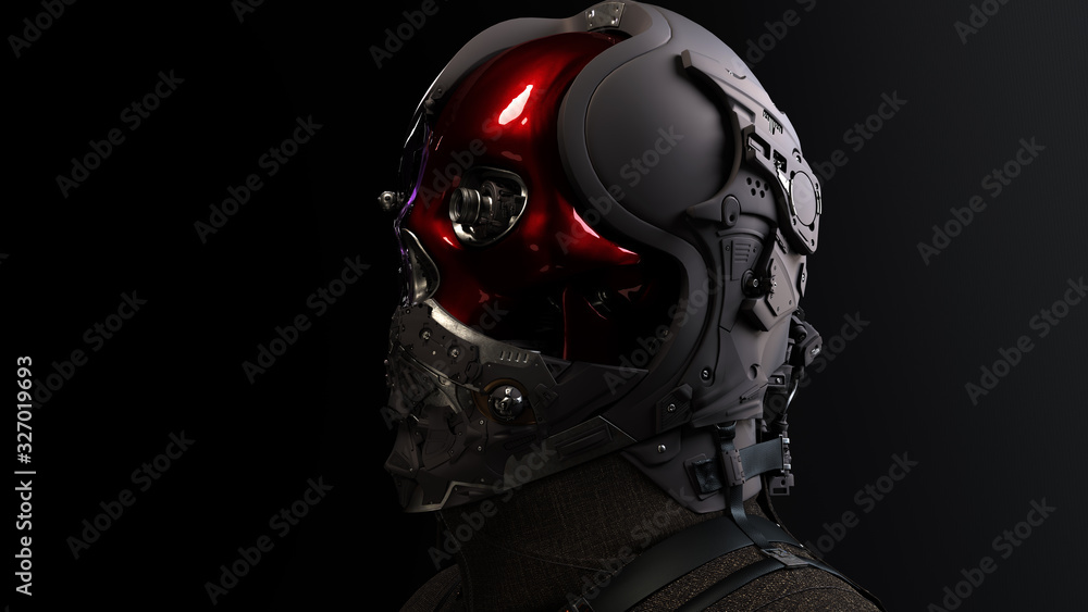 3D composite illustration of Cyborg with a skull face pilot, aviator with multiple optical elements, different lenses to capture all in details. 3D rendering. Art 3D composite illustration of Cyborg with a skull face pilot, aviator with multiple optical elements, different lenses to capture all in details. 3D rendering. Art