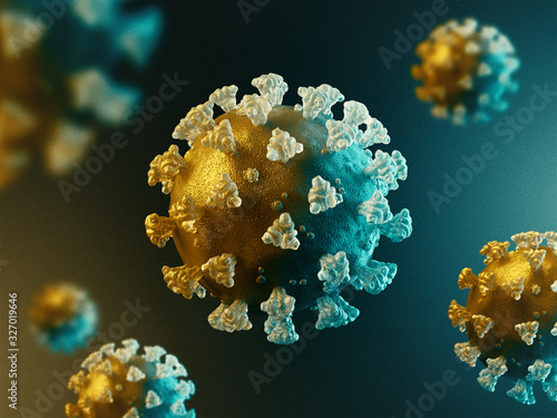 Coronavirus microscopic view. Floating influenza virus cells. Dangerous asian ncov corona virus, SARS pandemic risk concept. 3d rendering © Aldeca Productions
