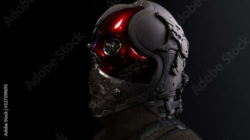 3D composite illustration of Cyborg with a skull face pilot, aviator with multiple optical elements, different lenses to capture all in details. 3D rendering. Art