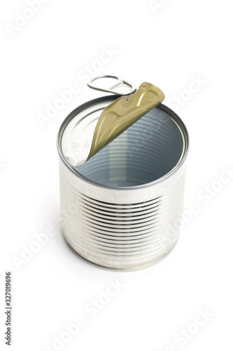 Opened metal tin can, isolated on white background