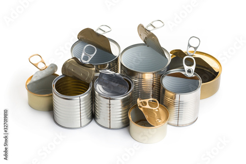 A lot of uncovered metal tin cans isolated on a white background