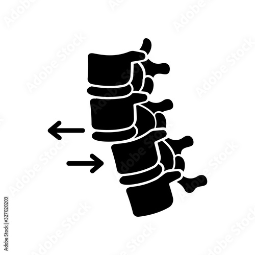 Spine dislocation black glyph icon. Displacement of spinal vertebra. Spinal injury. Healthcare. Trauma treatment. Medical condition. Silhouette symbol on white space. Vector isolated illustration