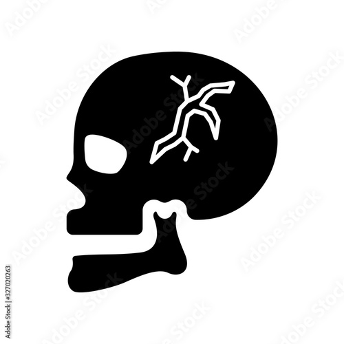 Skull fracture black glyph icon. Cranial bone break. Dangerous head injury. Emergency. Accident. Trauma. Healthcare. Medical condition. Silhouette symbol on white space. Vector isolated illustration