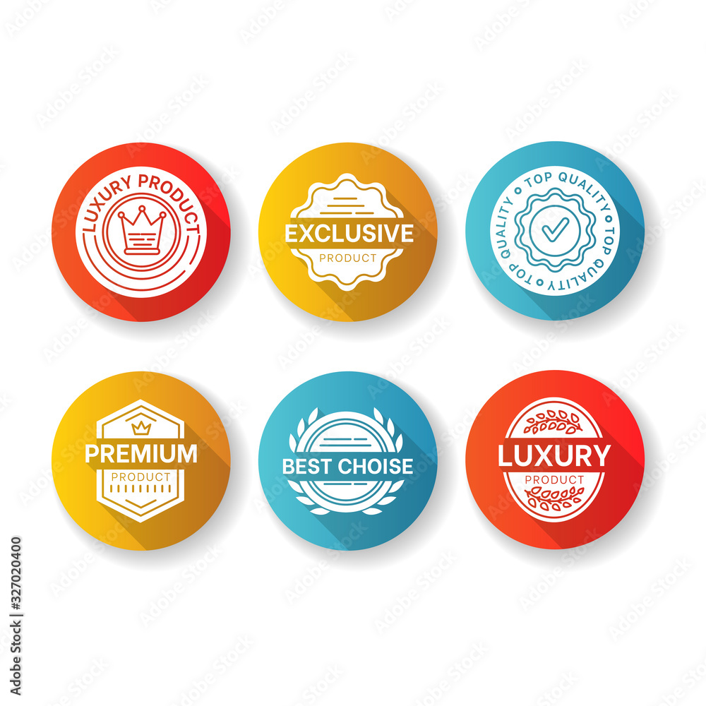 Top quality flat design long shadow glyph icons set. Premium products. Brand advertising, exclusiveness assurance. Best choice elegant badges silhouette RGB color illustration
