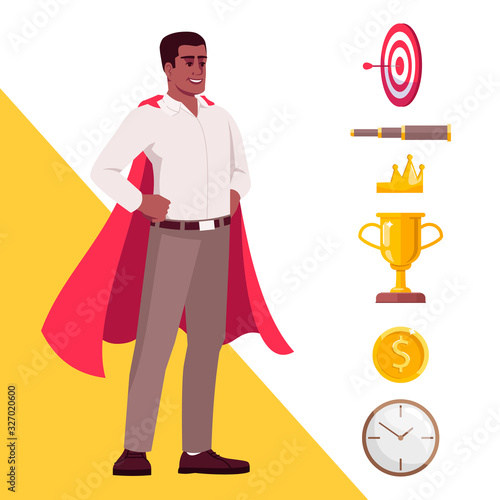 Self efficacy semi flat RGB color vector illustration. Confident office worker in super hero cape isolated cartoon character on white background with icons set. Workplace efficiency concept