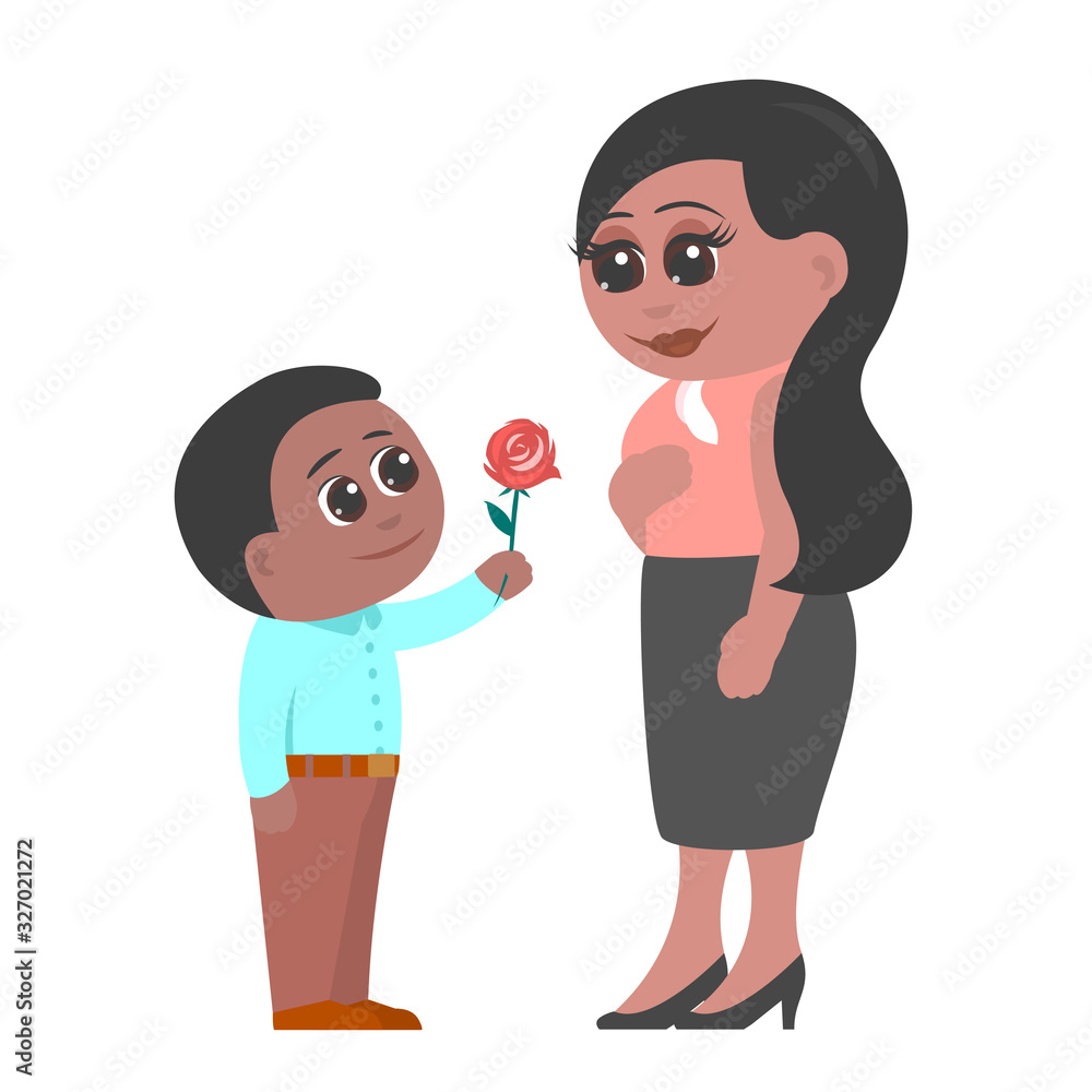 Little son gives mother a rose flower. Mother is very happy. African American family. Vector flat illustration in cartoon style. Little son gives mother a rose flower. Mother is very happy. African American family. Vector flat illustration in cartoon style.