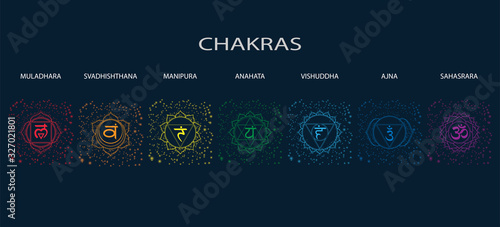 Chakras set: muladhara, swadhisthana, manipura, anahata, vishuddha, ajna, sahasrara. Vector line symbol. Om sign on a black background. EPS 10 Vector illustration