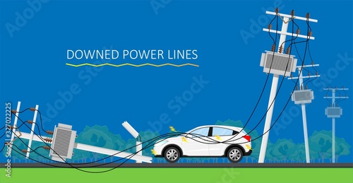 Downed Power Line Car vehicle Storm dangerous lightning strikes avoid down drive careful fall safe safety risk danger call 911 emergency