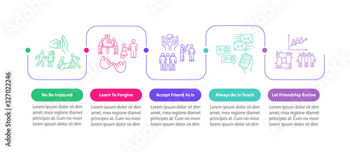 Friendship advices vector infographic template. Accept and support friends presentation design elements. Data visualization with 5 steps. Process timeline chart. Workflow layout with linear icons
