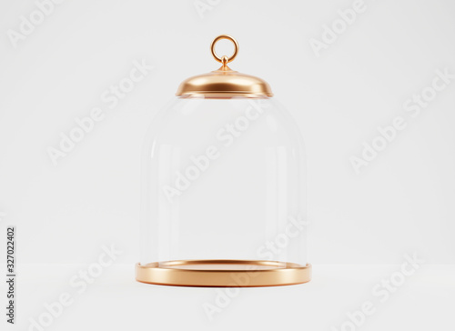 3D empty glass dome with gold elements isolated on white background. Abstract commercial vintage for product promotion with copy space. Creative realistic minimal banner 3d render