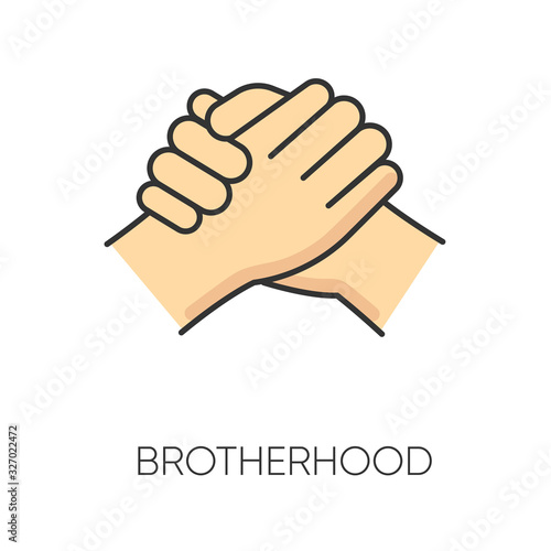 Brotherhood RGB color icon. Strong friendship, interpersonal bond, Friendly relationship between men. Togetherness, unity and fellowship symbol. Manly handshake isolated vector illustration