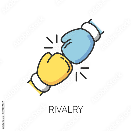 Rivalry RGB color icon. Friendly contest, competitive interpersonal relationship symbol. Rivals confrontation, conflict, opponents clash. Boxing gloves isolated vector illustration
