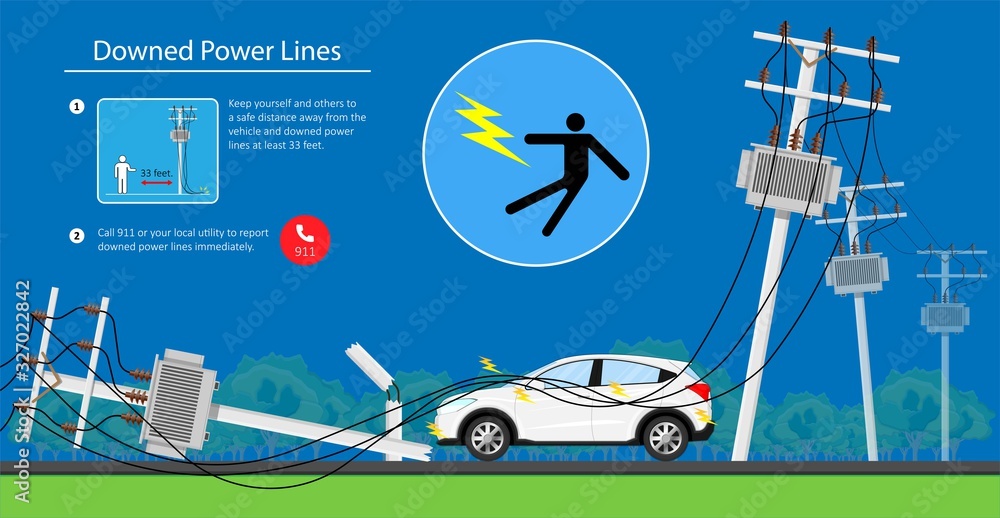 Downed Power Line Car vehicle Storm dangerous lightning strikes avoid