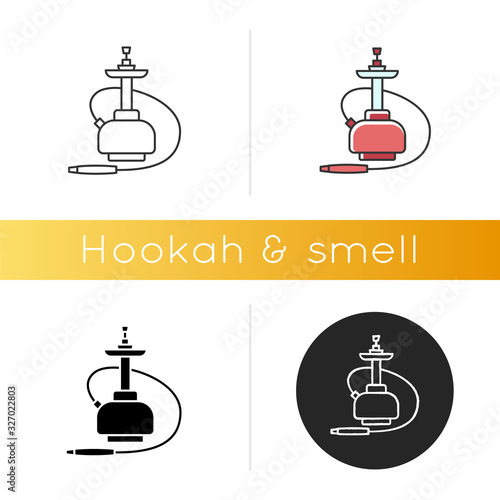 Hookah icon. Sheesha house. Smoke pipe and relax indoors. Nargile lounge. Scent of vaporizing. Accessories for shisha. Oriental hooka. Linear black and RGB color styles. Isolated vector illustrations