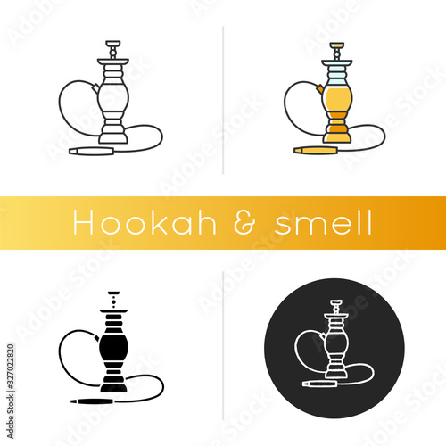 Hookah icon. Sheesha house. Hooka and shisha menu. Nargile lounge. Odor from pipe. Scent of vaporizing. Smoking area. Linear black and RGB color styles. Isolated vector illustrations