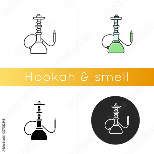 Hookah icon. Sheesha house. Traditional shisha. Nargile lounge. Scent of vaporizing. Smoking area. Accessories for oriental hooka. Linear black and RGB color styles. Isolated vector illustrations