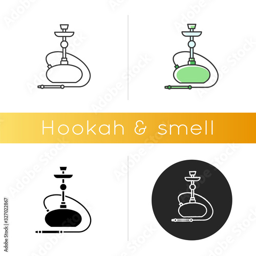 Hookah icon. Sheesha house. Water pipe, bong. Nargile lounge. Odor from pipe. Smoking area. Accessories for shisha. Oriental hooka. Linear black and RGB color styles. Isolated vector illustrations