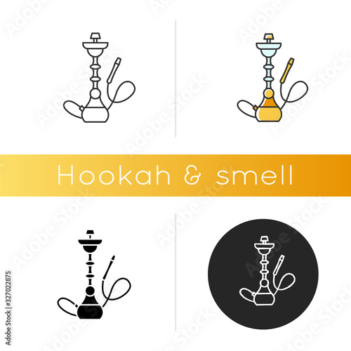 Hookah icon. Sheesha house. Assembled hooka body. Nargile lounge. Odor from pipe. Scent of vaporizing. Smoking area. Linear black and RGB color styles. Isolated vector illustrations