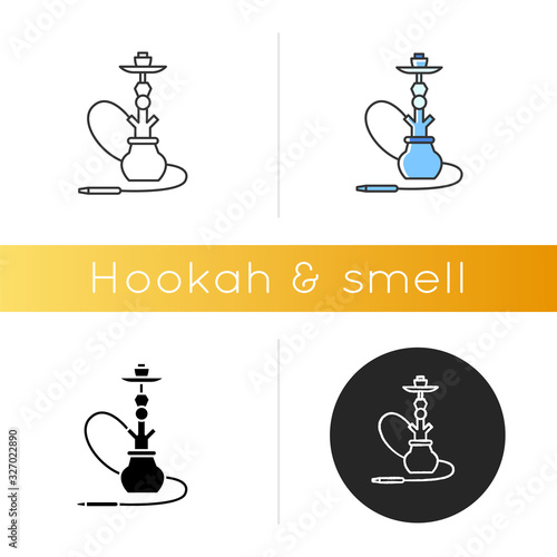 Hookah icon. Sheesha house. Party object. Nargile lounge. Odor from pipe. Smoking area. Accessories for shisha. Oriental hooka. Linear black and RGB color styles. Isolated vector illustrations