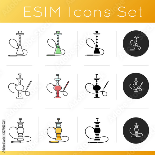 Hookah icons set. Nargila option. Sheesha house. Popular souvenir. Odor from pipe. Scent of vaporizing. Smoking area. Linear, black and RGB color styles. Isolated vector illustrations