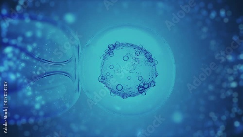 IVF in vitro fertilization through a microscope on blue. Scientific medical 3D rendering of an artificial insemination of female egg, ovum or zygote. 4k photo