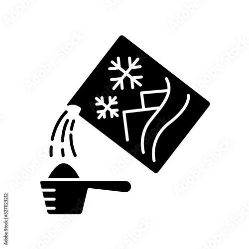 Washing powder black glyph icon. Cleaning product cardboard package, laundry detergent, dry linen bleach. Chemical substance, cleanser. Silhouette symbol on white space. Vector isolated illustration
