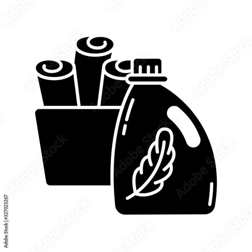 Fabric softener black glyph icon. Cleaning product packaging, laundry detergent conditioner bottle. Fabric care, delicate washing. Silhouette symbol on white space. Vector isolated illustration