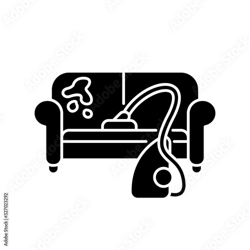 Furniture dry cleaning black glyph icon. Sofa professional washing, laundry service. Furnishing cleaning, stain removing equipment. Silhouette symbol on white space. Vector isolated illustration