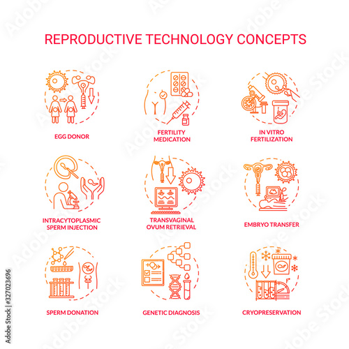 Reproductive technology red concept icons set. In vitro fertilization. Sperm donor  cell donation. Alternative pregnancy idea thin line RGB color illustrations. Vector isolated outline drawings