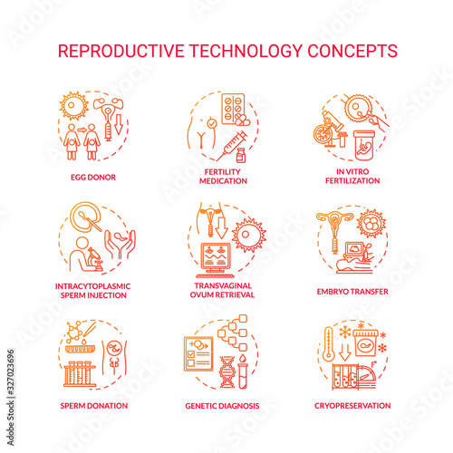 Reproductive technology red concept icons set. In vitro fertilization. Sperm donor, cell donation. Alternative pregnancy idea thin line RGB color illustrations. Vector isolated outline drawings
