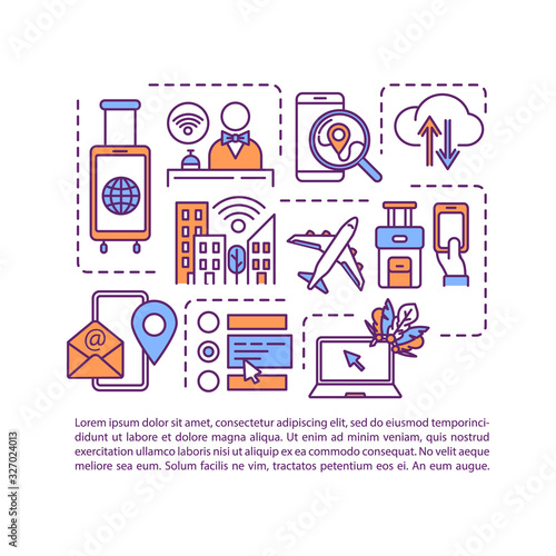 Roaming, Internet coverage concept icon with text. Hotel and inflight Wi-fi, free and paid network. PPT page vector template. Brochure, magazine, booklet design element with linear illustrations